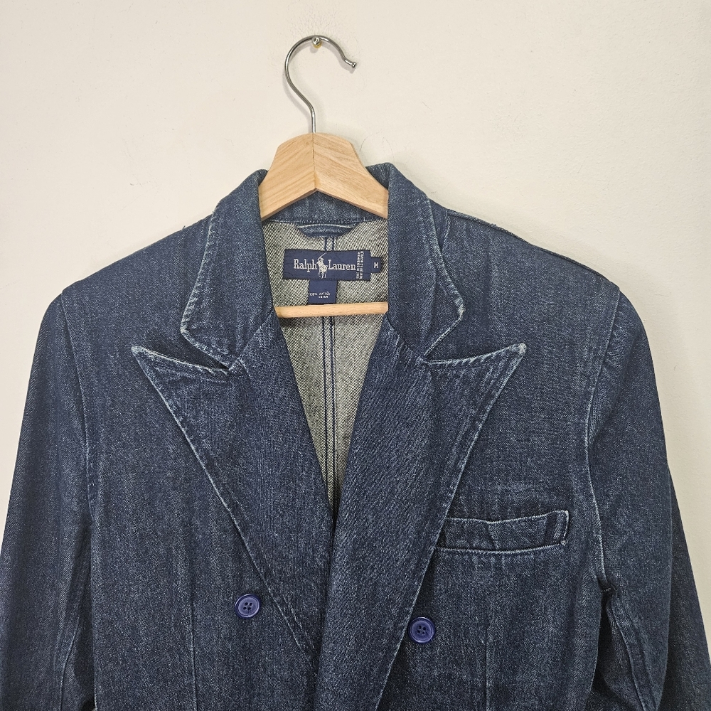 SOLD VTG 80s Ralph Lauren Blue Label Double Breasted Denim Blazer Jacket M - Picture 3 of 15